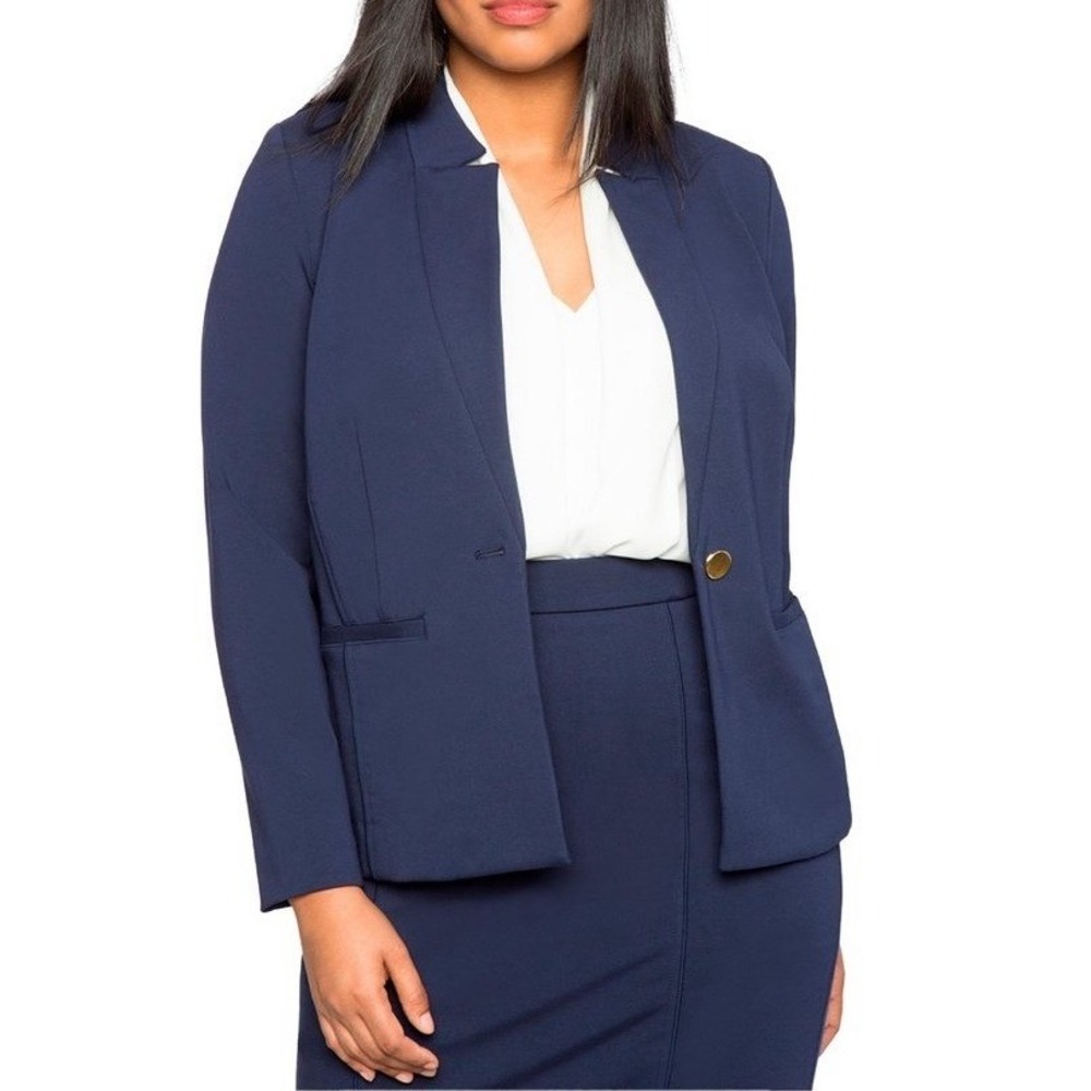 ELOQUII‎ Blue Collarless Open Front Blazer Jacket Gold Button Size 16 Stretch